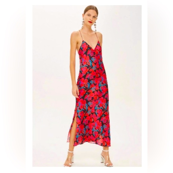TOPSHOP Floral Vibrant Spaghetti Strap Cocktail on the Bias Maxi Dress sz 8 EUC - Picture 1 of 15